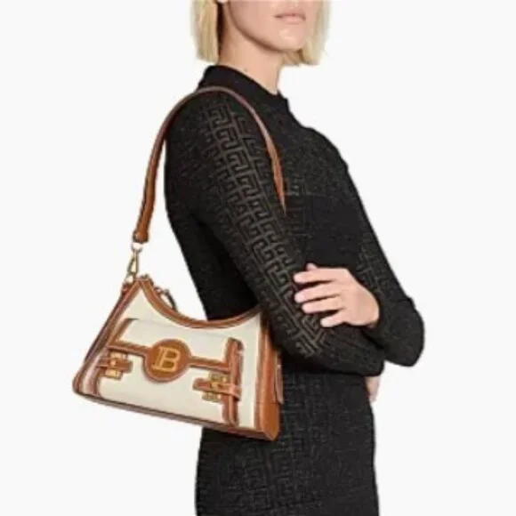 Balmain  B-Buzz Canvas & Leather Shoulder Bag Natural / Camel - Picture 2 of 14